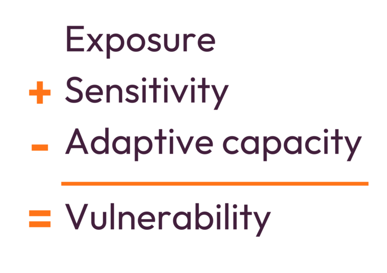 The generic vulnerability formula to keep in mind when building a vulnerability assessment template: exposure + sensitivity - adaptive capacity = vulnerability