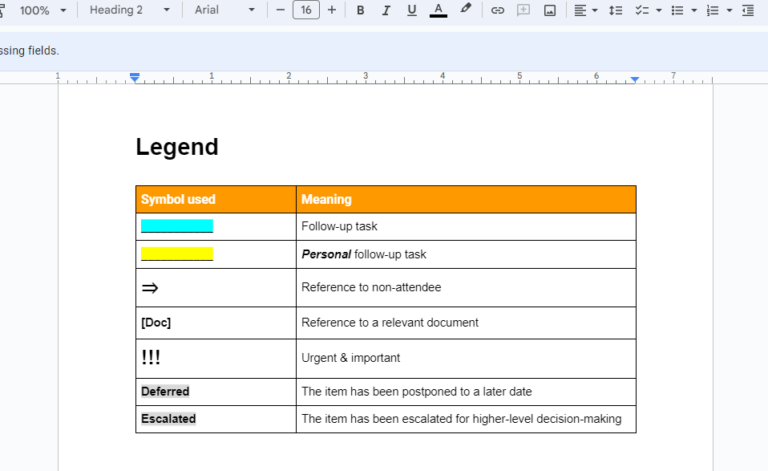 Meeting minutes legend on a text document