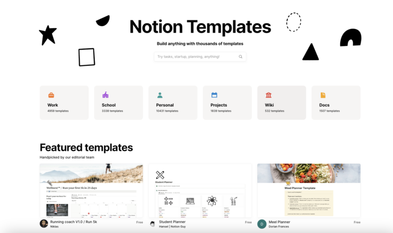 Notion templates homepage