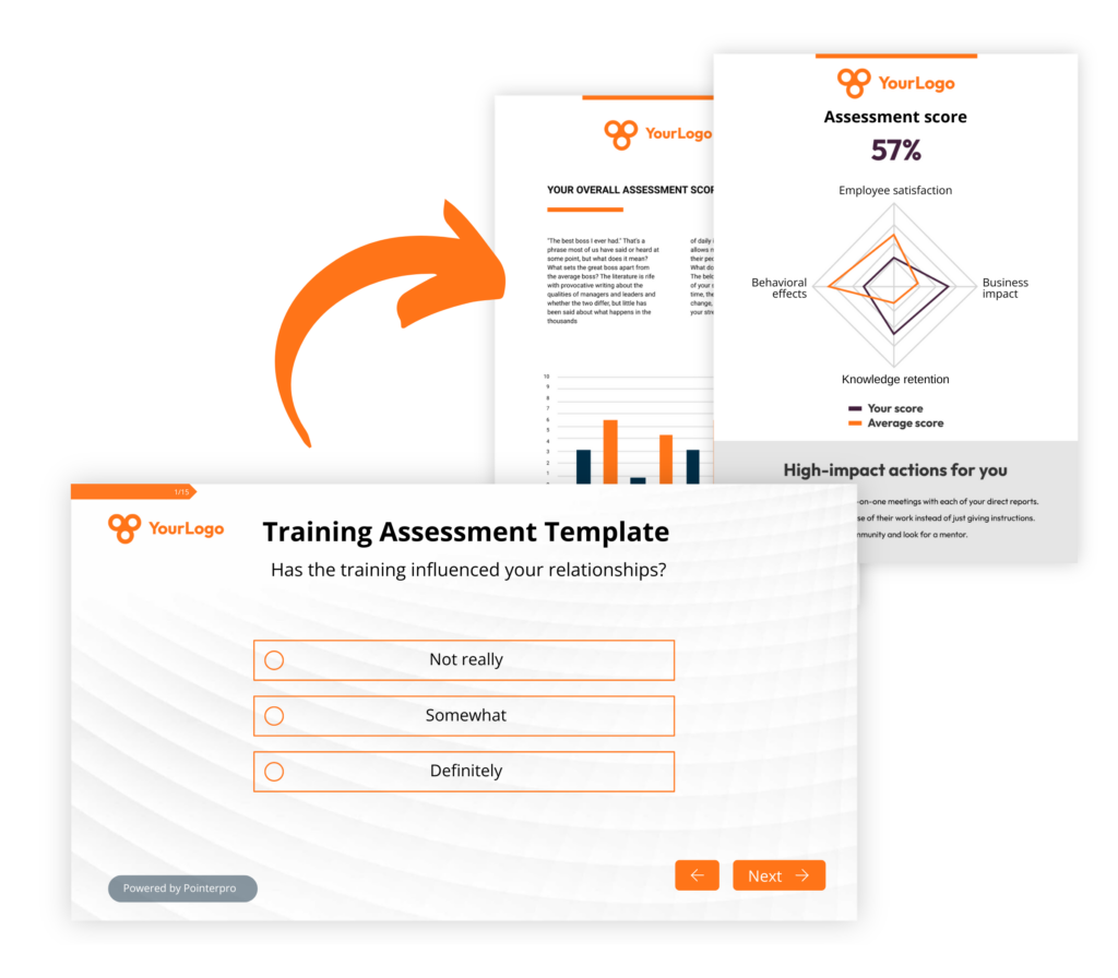 A view on a training assessment question with an arrow pointing at the resulting report