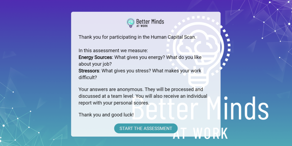 The introduction screen of a human capital scan assessment by Better Minds At Work